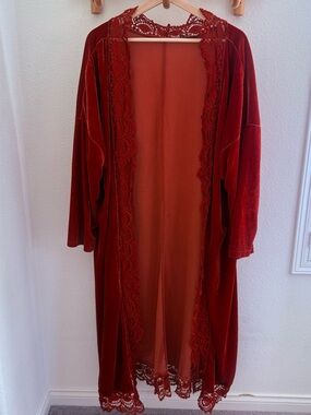 Rusttydustty red terracotta crochet boho velvet lace kimono duster Size 2XL